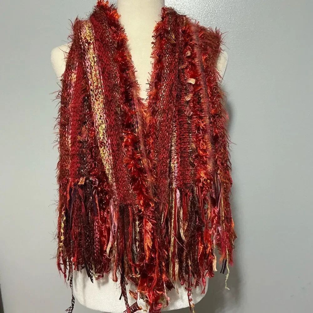 Vibrant Red Woven Scarf with fringes